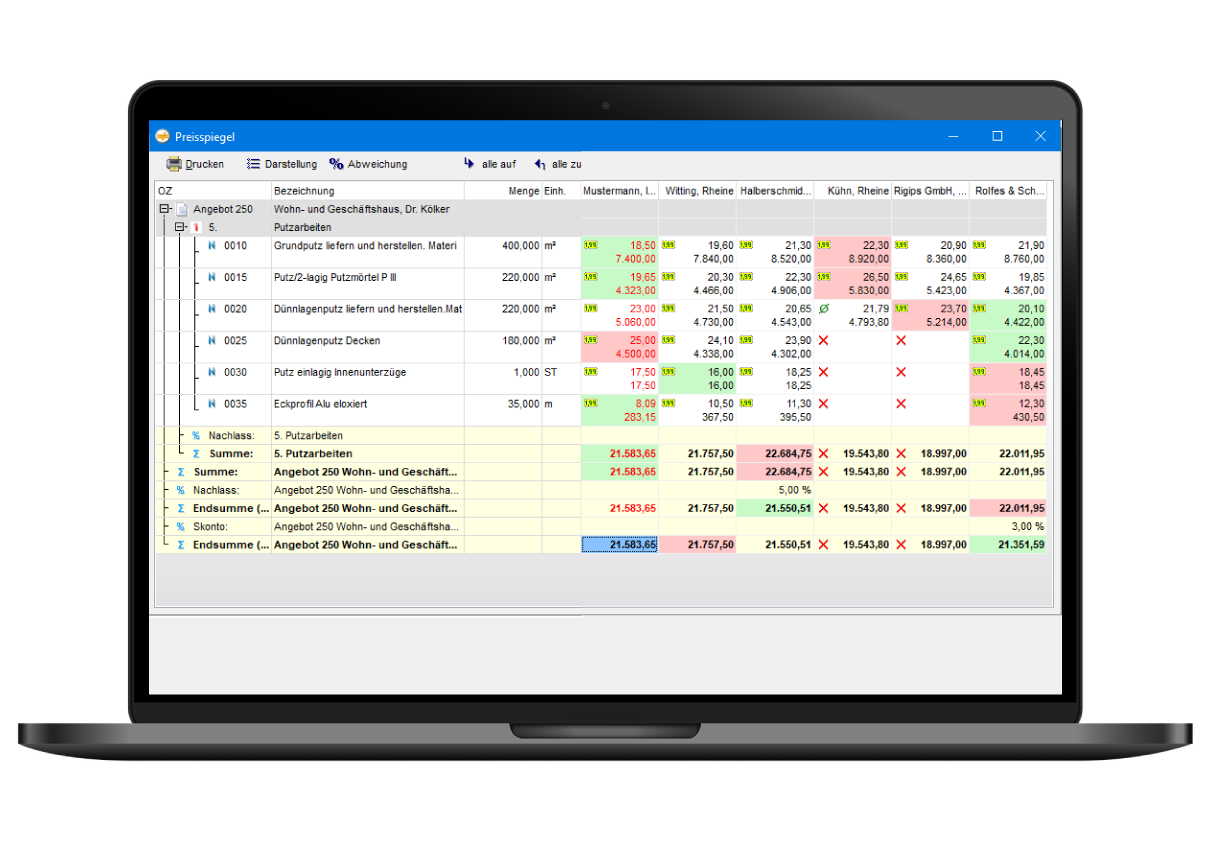 Screenshot von bps Bausoftware - Preisspiegel in Ausschreibungen